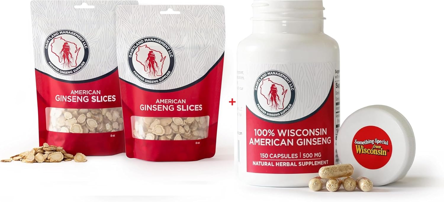 Dairyland Management LLC American Ginseng Slices and Capsules Combo Pack - 16 oz Slices, 150 ct Capsules - Wisconsin Ginseng Direct from Farmer to Consumer