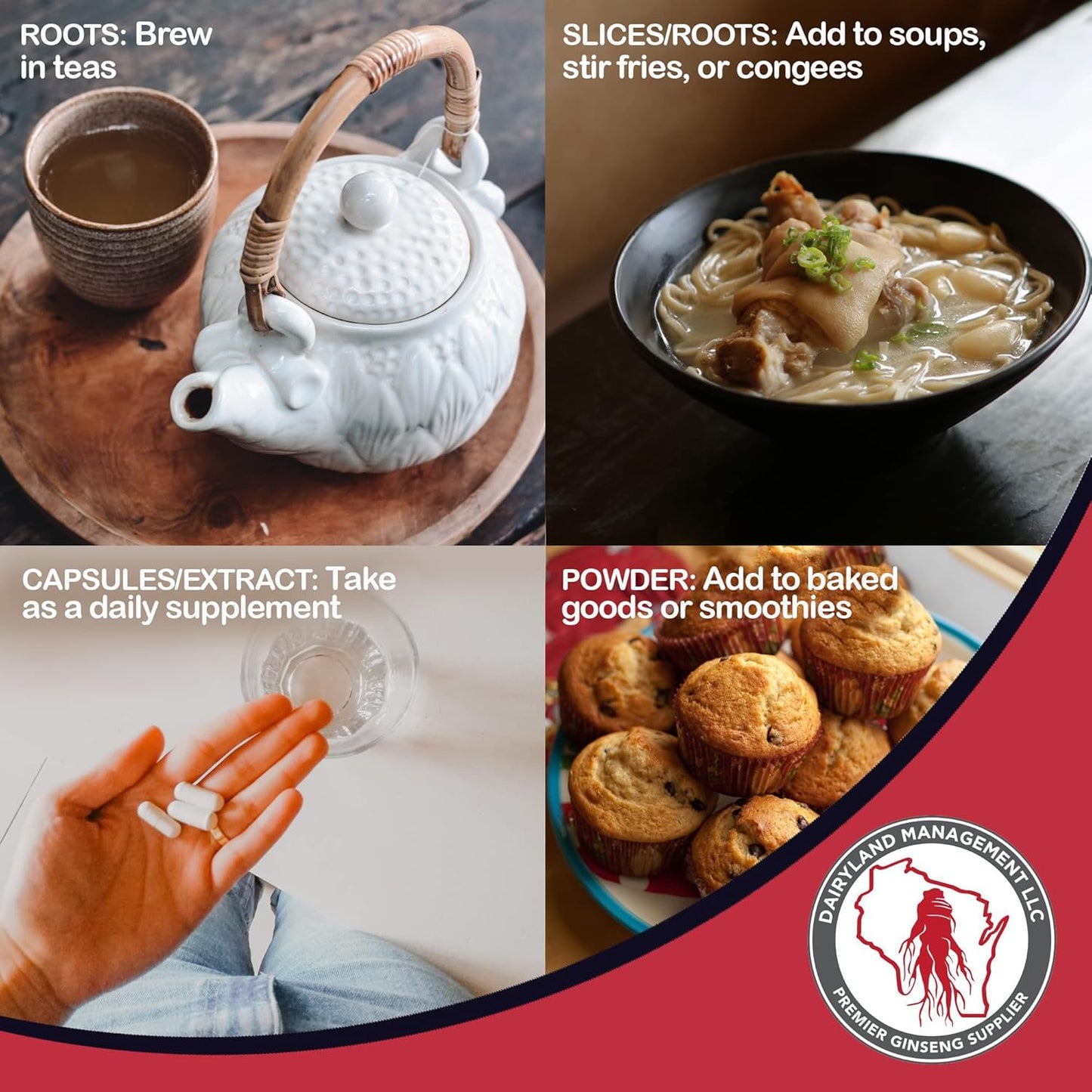 Dairyland Management LLC American Ginseng Slices and Capsules Combo Pack - 16 oz Slices, 150 ct Capsules - Wisconsin Ginseng Direct from Farmer to Consumer