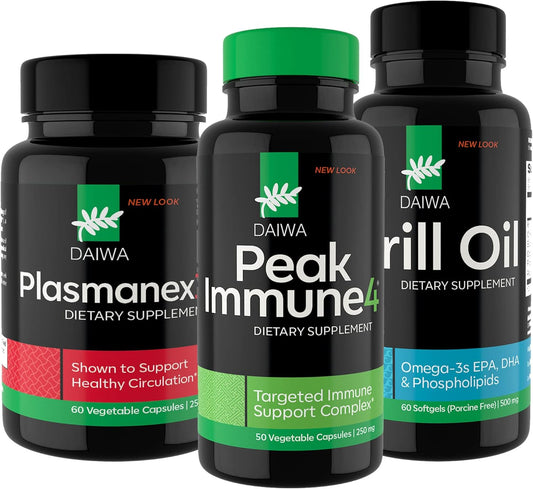 Daiwa Peak Immune 4, Plasmanex 1, and Krill Oil Capsules Bundle - Immune System & Blood Circulation Support