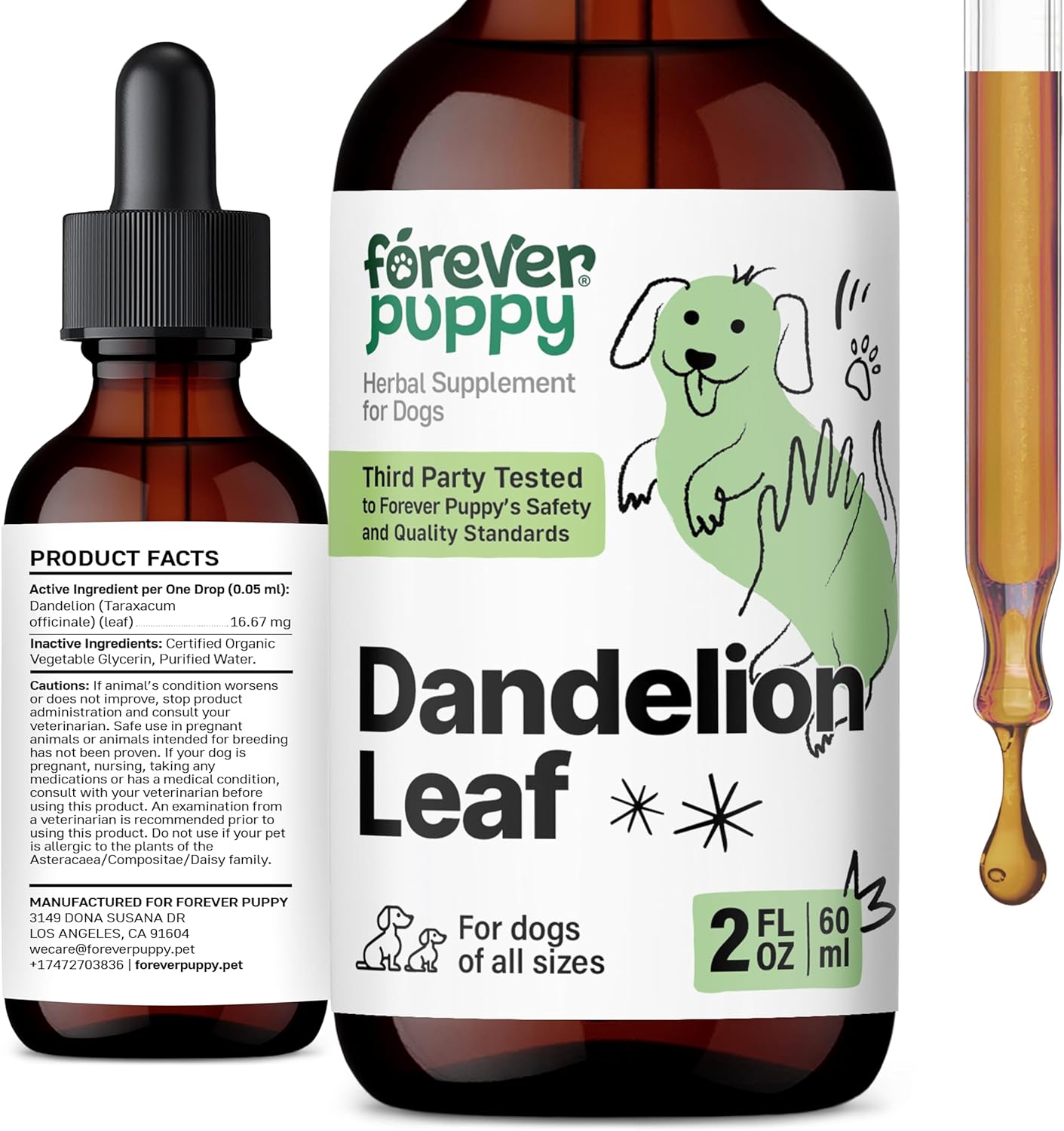 Dandelion Leaf Kidney Health Drops for Dogs - Liquid Supplement for Large, Medium & Small Breeds - Detox Cleanse with Tincture - 2 oz