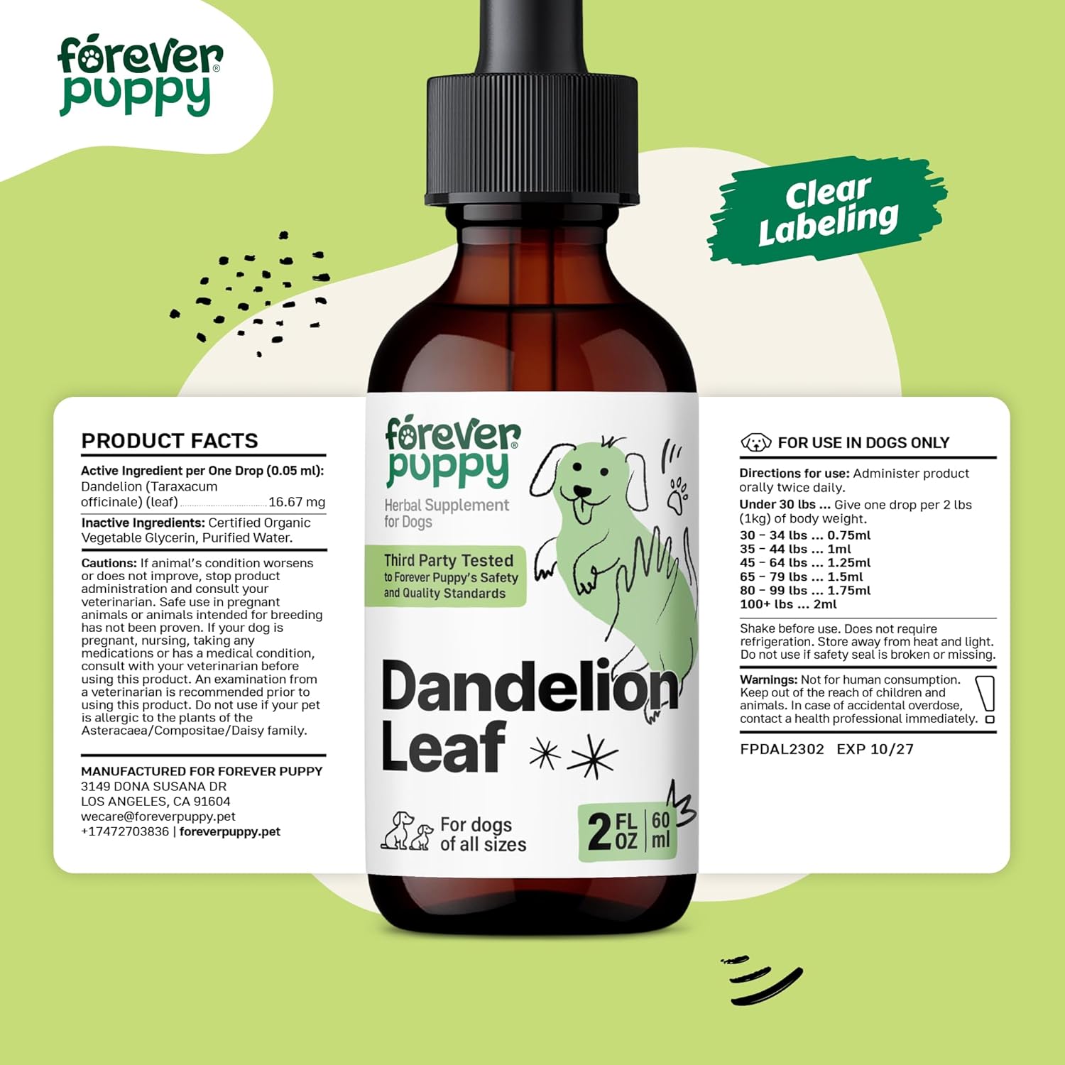 Dandelion Leaf Kidney Health Drops for Dogs - Liquid Supplement for Large, Medium & Small Breeds - Detox Cleanse with Tincture - 2 oz