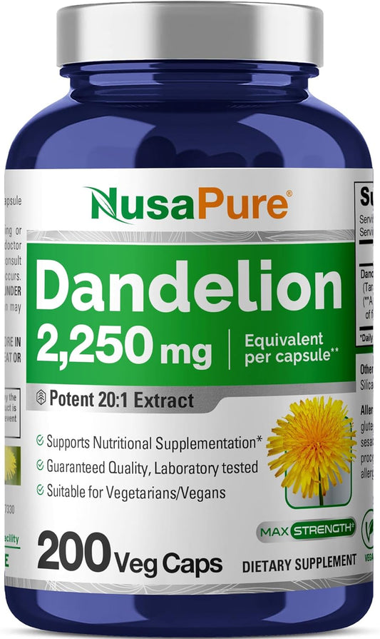 Dandelion Root 20:1 Extract 200 Veggie Capsules - Non-GMO, 112.5mg per Capsule, Equivalent to 2,250mg