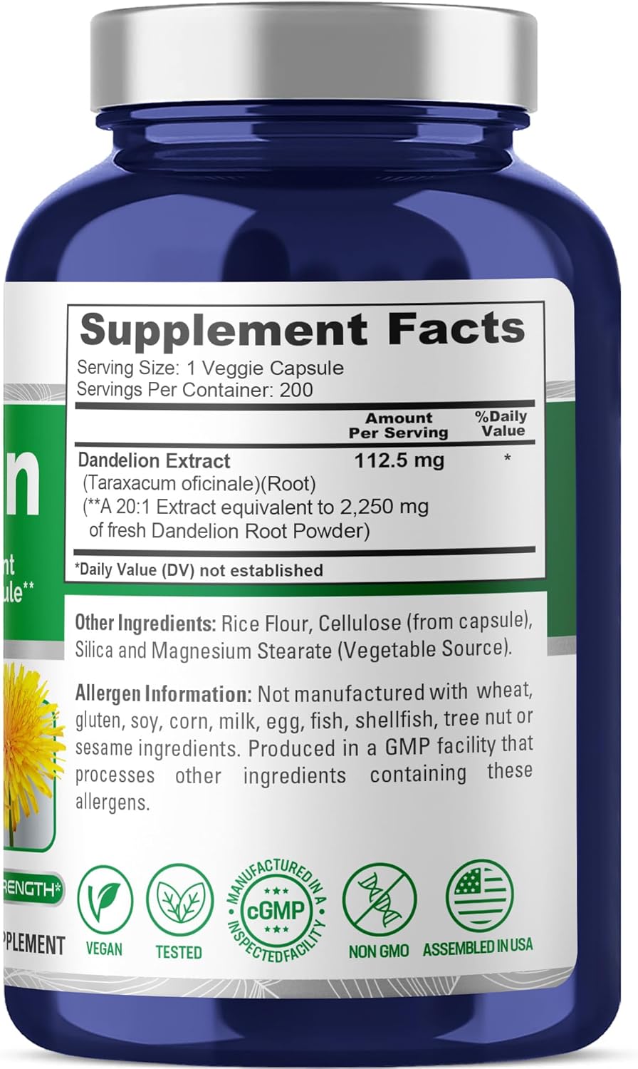 Dandelion Root 20:1 Extract 200 Veggie Capsules - Non-GMO, 112.5mg per Capsule, Equivalent to 2,250mg
