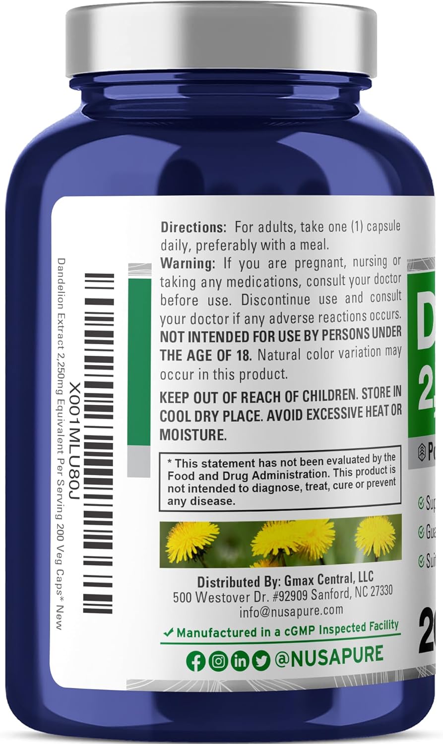 Dandelion Root 20:1 Extract 200 Veggie Capsules - Non-GMO, 112.5mg per Capsule, Equivalent to 2,250mg
