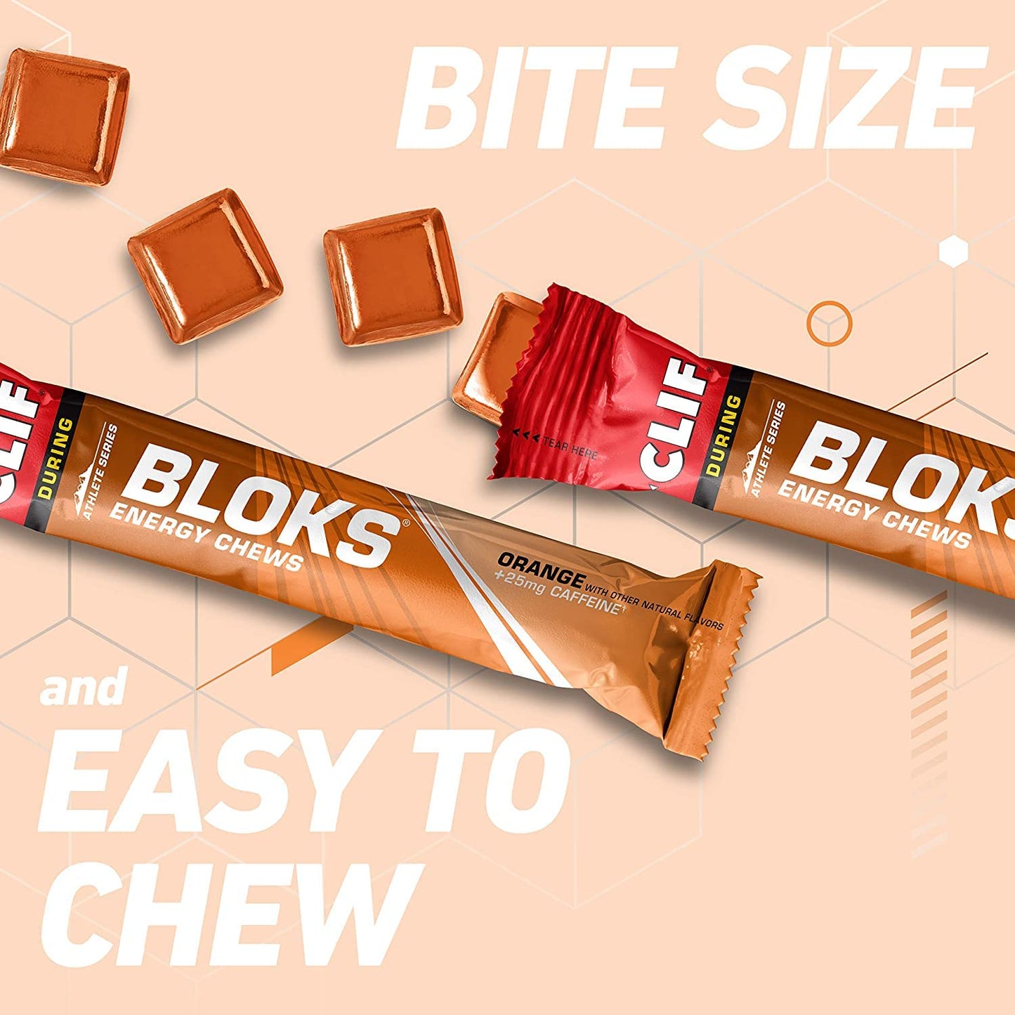DAONEG CLIF BLOKS - Orange Energy Chews with Caffeine - Non-GMO Plant Based Fuel for Cycling & Running - Workout Snack - 2.1oz Packet (3 Count)