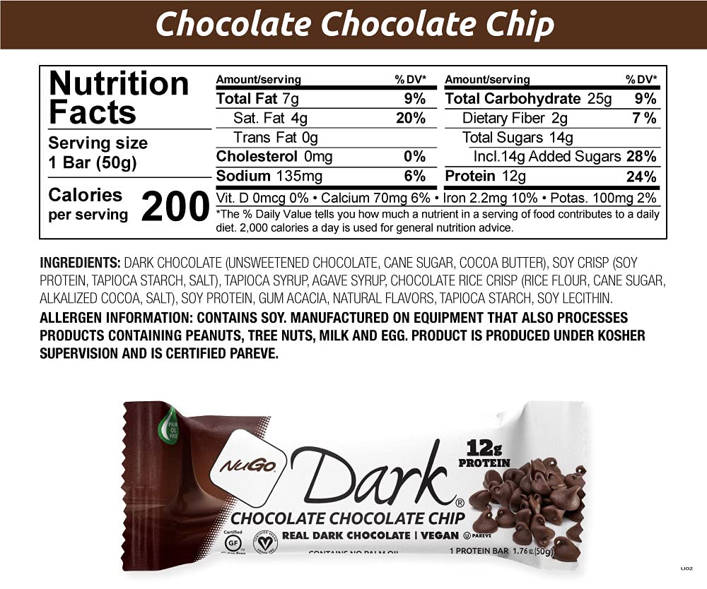Dark Chocolate Chocolate Chip Bar - NuGo Protein-Rich Snack with Real Dark Chocolate