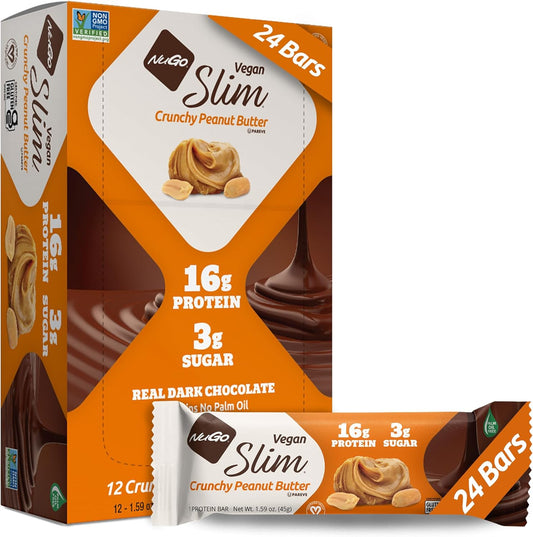 Dark Chocolate Crunchy Peanut Butter Nugo Slim Bars - 16g Vegan Protein, Low Sugar, High Fiber, Keto & Gluten Free - 24 Pack