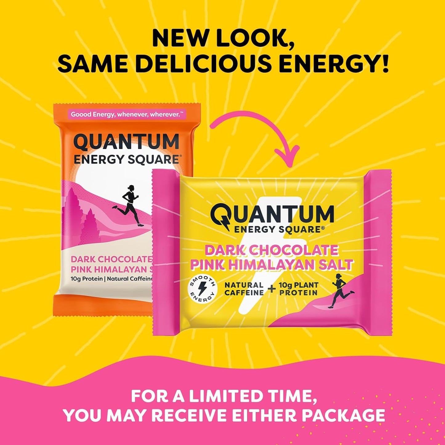 Dark Chocolate Quantum Energy Square - Vegan Caffeinated Protein Bar, Gluten-Free Snack - 8 Pack