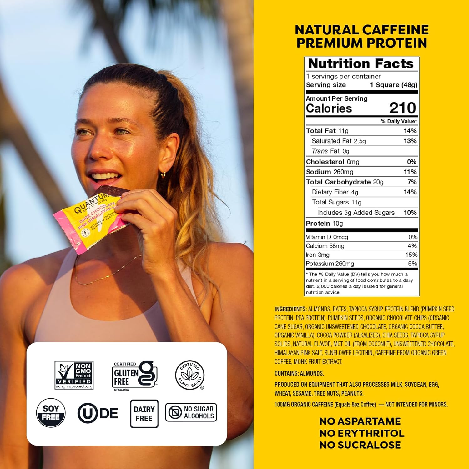 Dark Chocolate Quantum Energy Square - Vegan Caffeinated Protein Bar, Gluten-Free Snack - 8 Pack