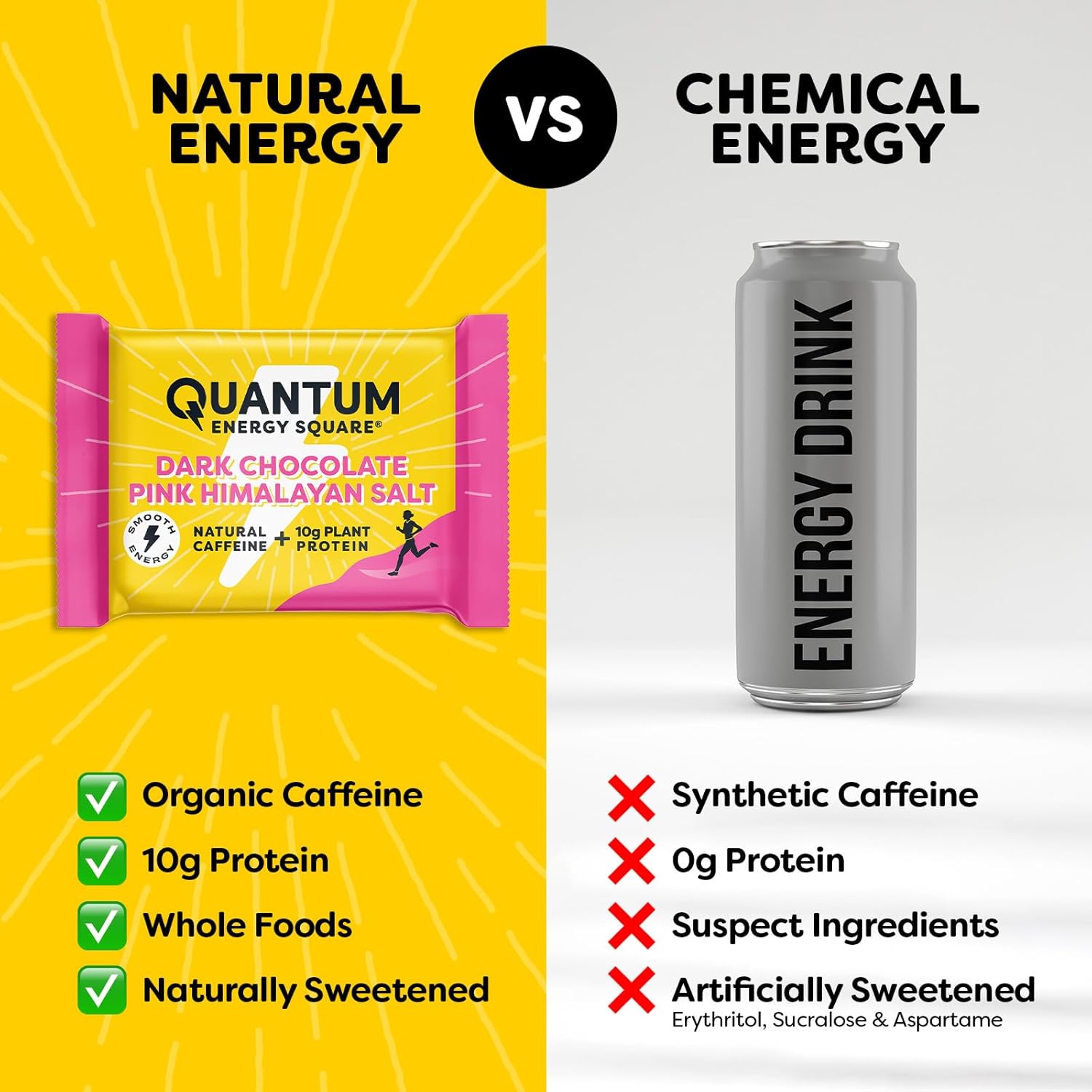 Dark Chocolate Quantum Energy Square - Vegan Caffeinated Protein Bar, Gluten-Free Snack - 8 Pack