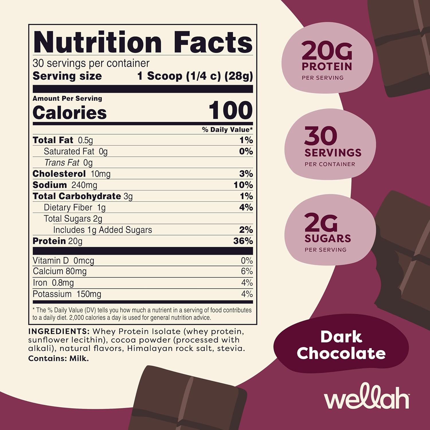 Dark Chocolate Whey Protein Isolate Powder - 30 Servings by Wellah Protein