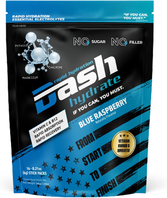 DASH Hydrate Electrolyte Drink Mix Packets - Rapid Hydration & Recovery, Sugar-Free, Energy Boost - Detox Support - 16 ct (Blue Raspberry)
