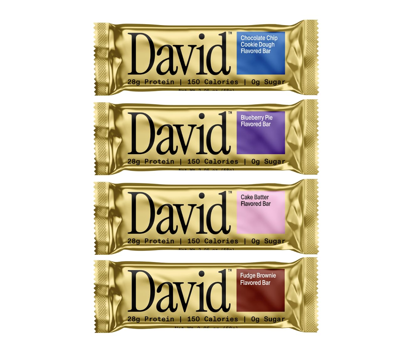 David Protein Bar Variety Pack - 4 Bars, 28g Protein, 150 Calories, Sugar-Free, High Protein, Low Carb, Gluten-Free
