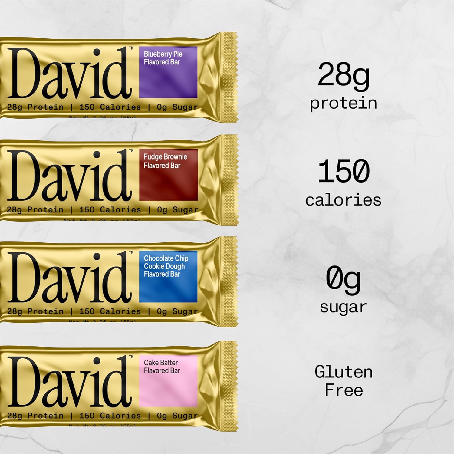 David Protein Bar Variety Pack - 4 Bars, 28g Protein, 150 Calories, Sugar-Free, High Protein, Low Carb, Gluten-Free