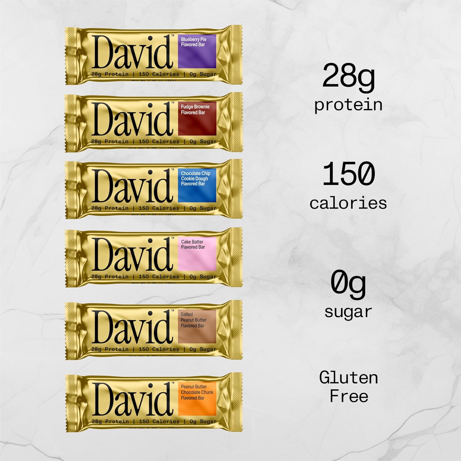 David Protein Bars Variety Pack - Pack of 6 | 28g Protein, 150 Calories, 0g Sugar | High Protein, Low Carb, Gluten Free