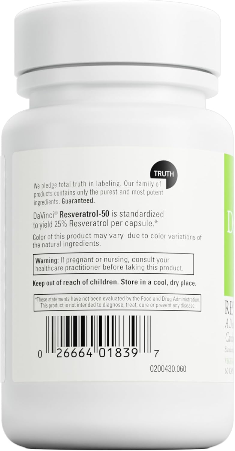 DAVINCI Labs Resveratrol-50 Capsules - Immune System, Bone & Heart Health Support - Gluten-Free & Vegetarian - 60 Count