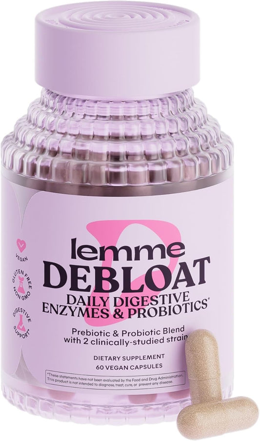 Debloat 3-in-1 Prebiotic, Probiotic & Enzyme Capsules for Bloating & Gas Relief - 2 Probiotics w/5 Enzymes, Improve Digestion - Vegan, 60 ct