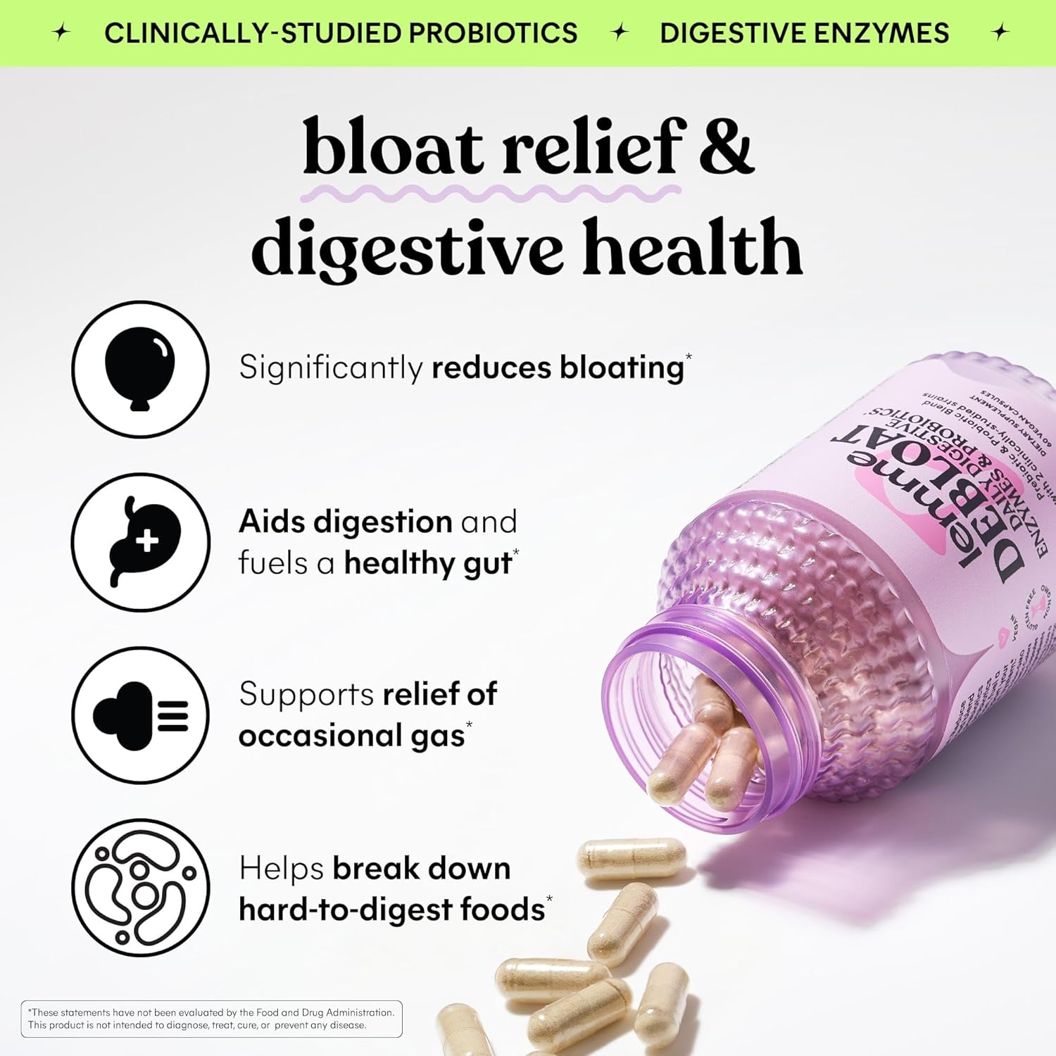 Debloat 3-in-1 Prebiotic, Probiotic & Enzyme Capsules for Bloating & Gas Relief - 2 Probiotics w/5 Enzymes, Improve Digestion - Vegan, 60 ct