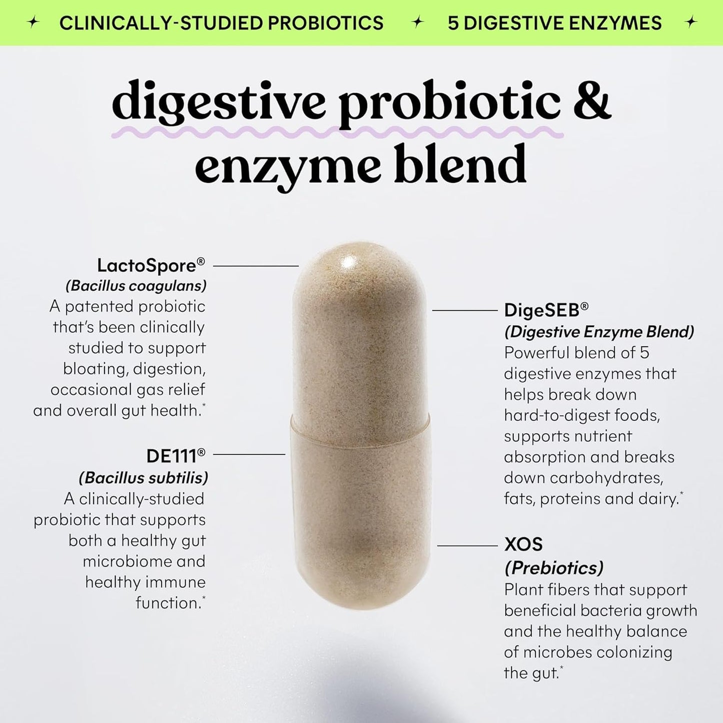 Debloat 3-in-1 Prebiotic, Probiotic & Enzyme Capsules for Bloating & Gas Relief - 2 Probiotics w/5 Enzymes, Improve Digestion - Vegan, 60 ct