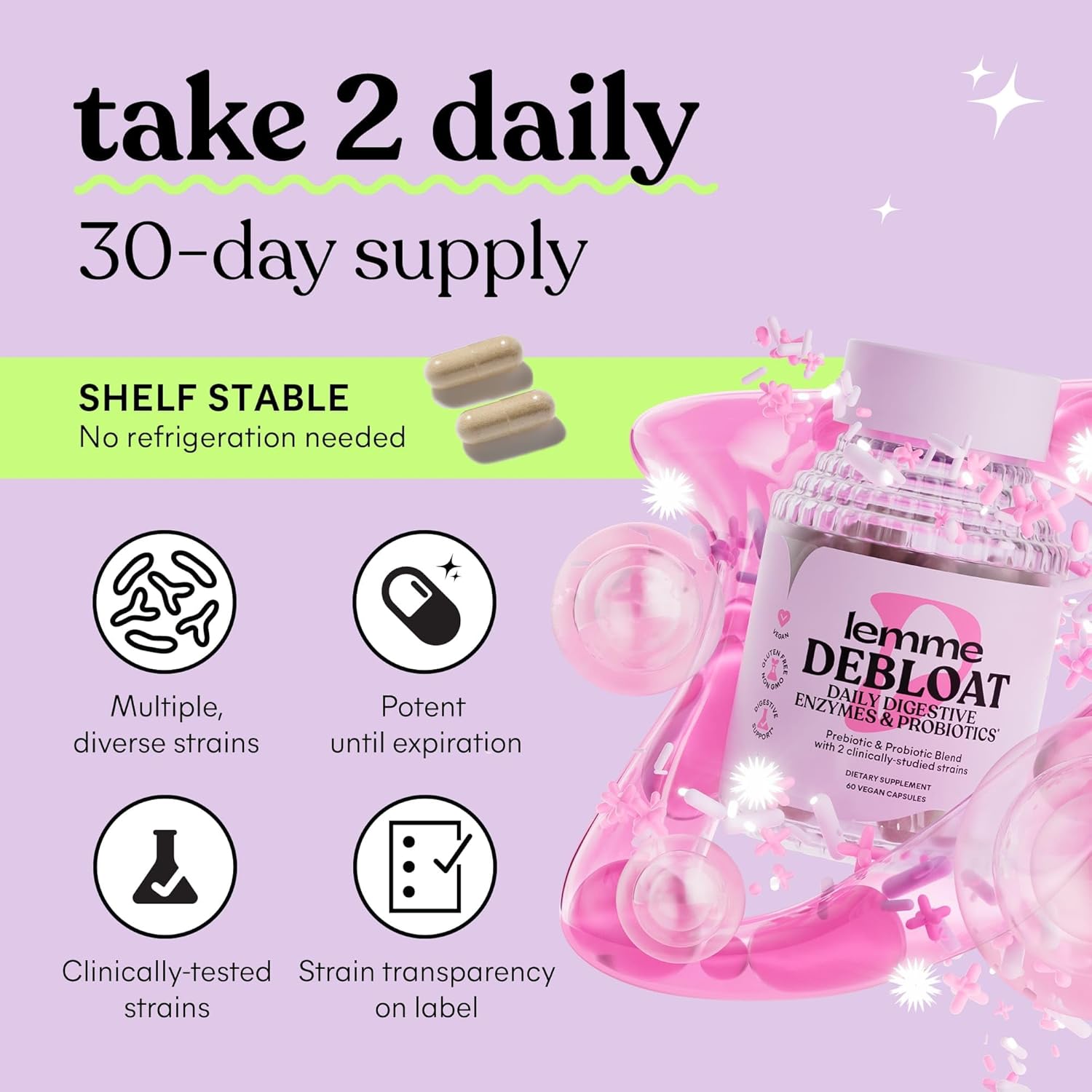 Debloat 3-in-1 Prebiotic, Probiotic & Enzyme Capsules for Bloating & Gas Relief - 2 Probiotics w/5 Enzymes, Improve Digestion - Vegan, 60 ct