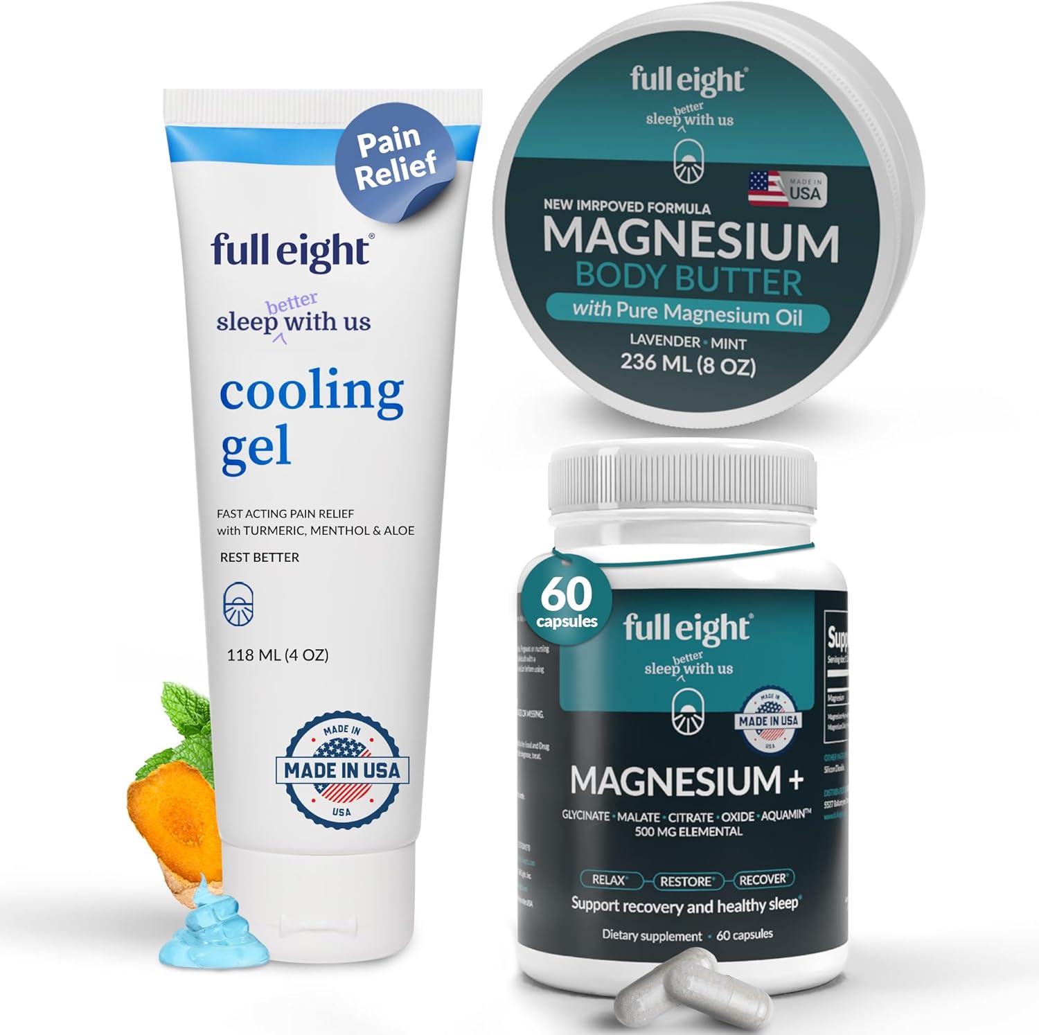 Deep Sleep Bundle: Magnesium Glycinate Capsules, Cooling Gel with Turmeric & Aloe, Magnesium Body Butter - 3-Pack