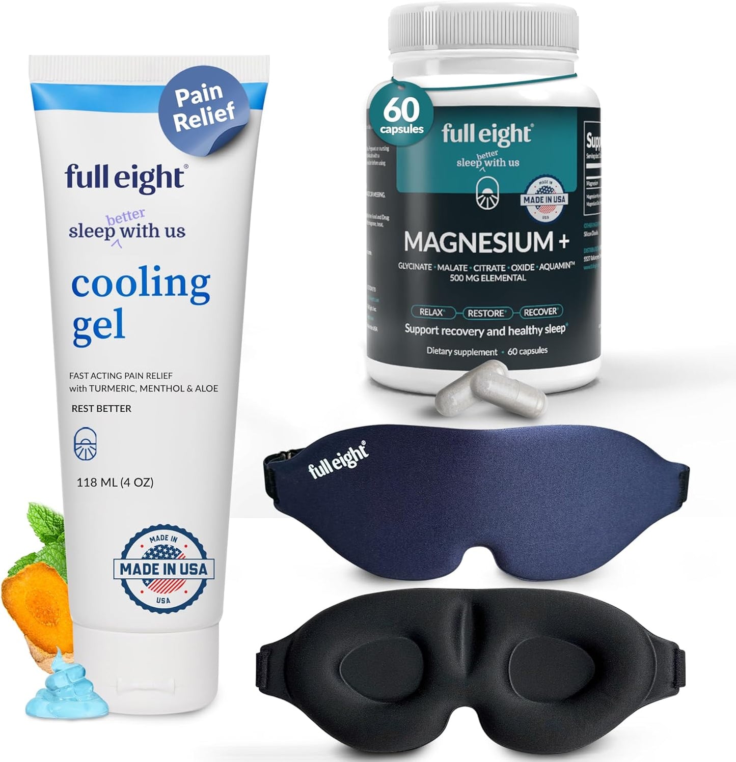 Deep Sleep Combo: Magnesium+ 500 MG Capsules, Cooling Gel Rub 4 oz, 3D Light Blocking Sleep Mask