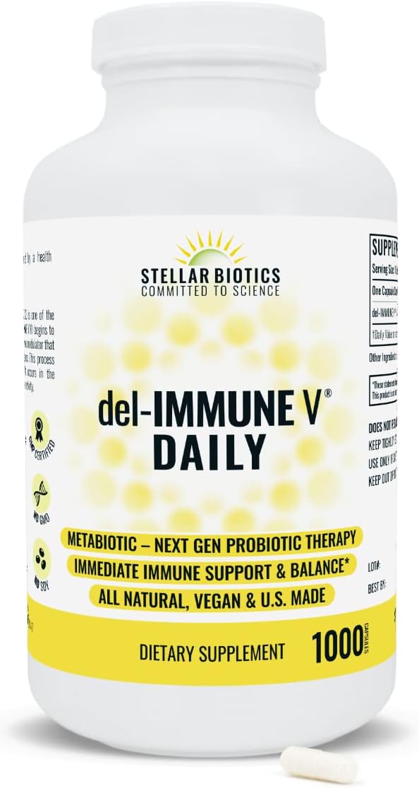 Del-Immune V® Daily by Stellar Biotics, All-Natural Immune Support & Gut Health, Immediate Care, Metabiotic: NextGen Probiotic Therapy (1000 Caps)