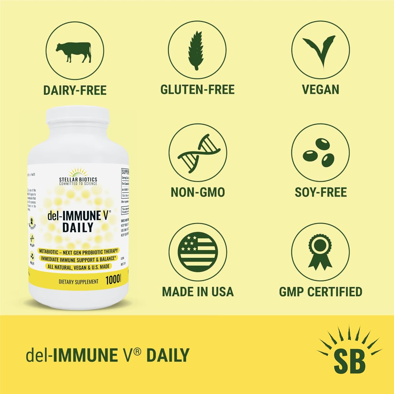 Del-Immune V® Daily by Stellar Biotics, All-Natural Immune Support & Gut Health, Immediate Care, Metabiotic: NextGen Probiotic Therapy (1000 Caps)