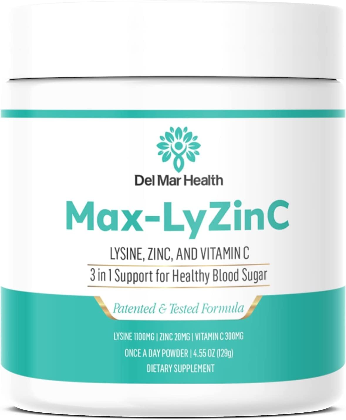 Del Mar Health Max-LyZinC Powder: L-Lysine 1100mg, Zinc 6mg, Vitamin C 100mg - Blood Sugar Support Supplement - Daily 3-in-1 Formula