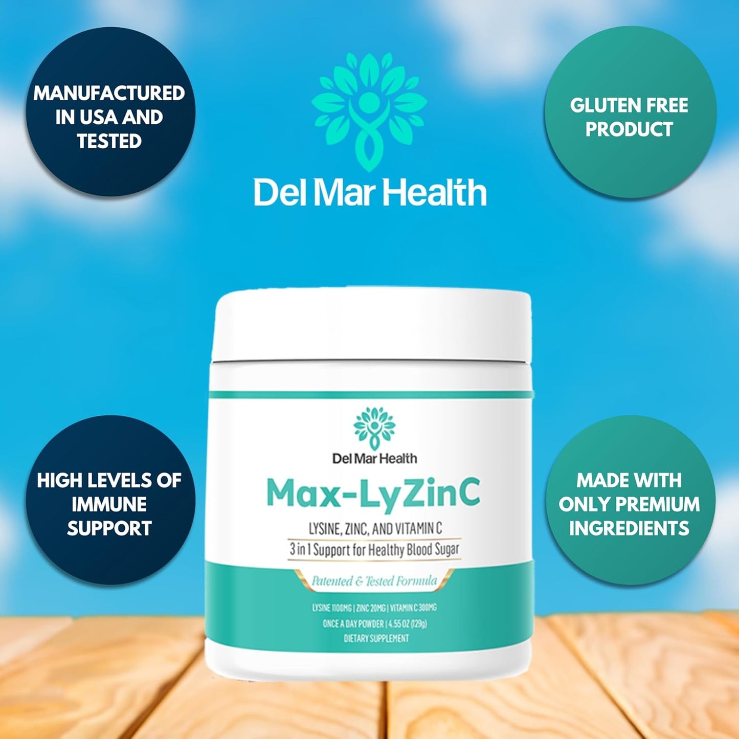 Del Mar Health Max-LyZinC Powder: L-Lysine 1100mg, Zinc 6mg, Vitamin C 100mg - Blood Sugar Support Supplement - Daily 3-in-1 Formula