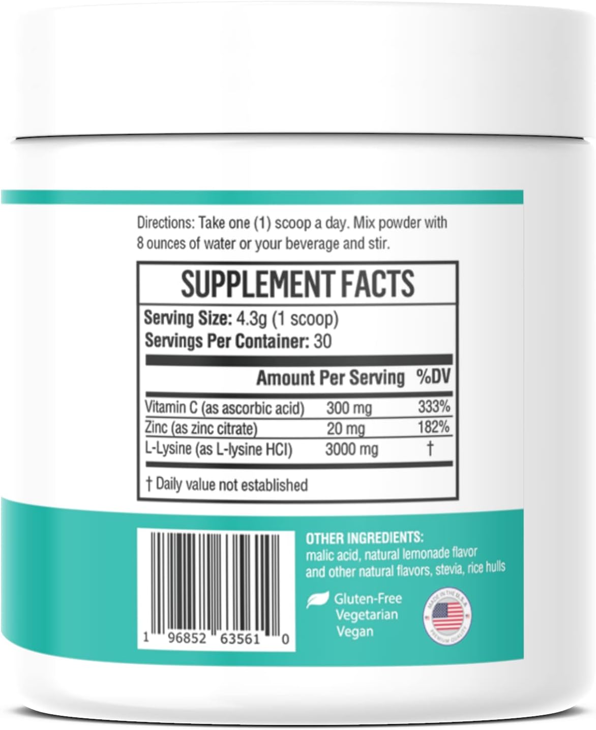 Del Mar Health Max-LyZinC Powder: L-Lysine 1100mg, Zinc 6mg, Vitamin C 100mg - Blood Sugar Support Supplement - Daily 3-in-1 Formula