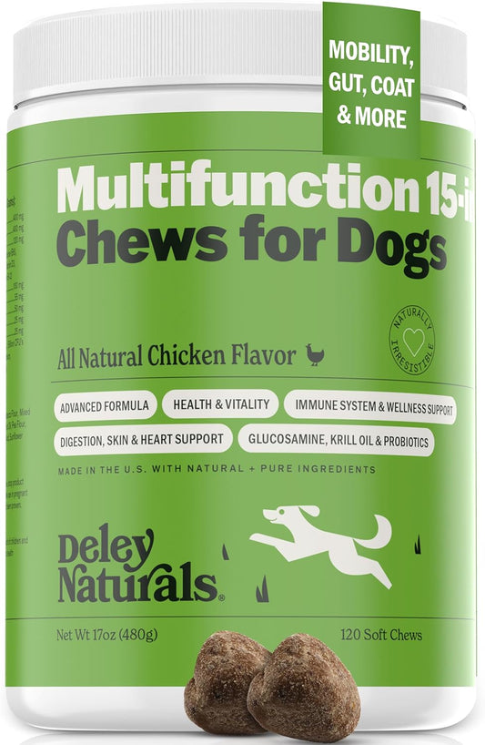 Deley Naturals Dog Multivitamins Chewable - Comprehensive 15-in-1 Formula for Immune Health, Skin, Joints, Digestion - USA Made Dog Vitamins for All Ages