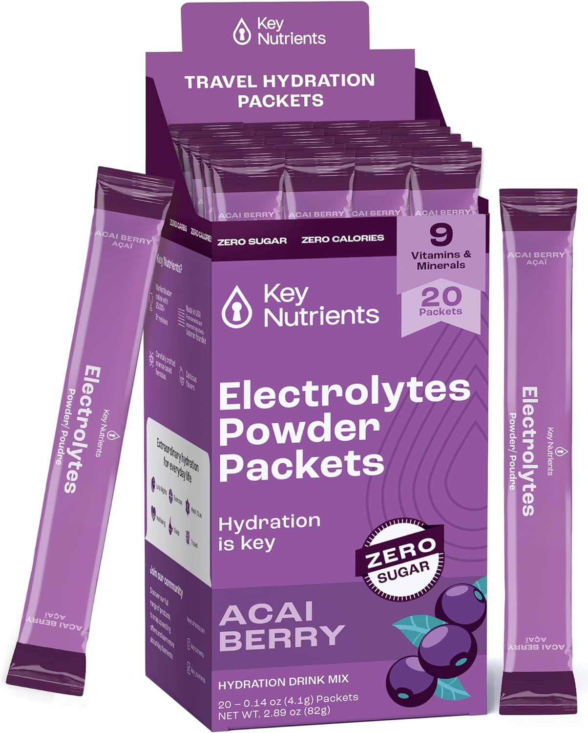 Delicious Acai Berry Electrolyte Powder Packets - 20 Pack Hydration Travel Pack - Sugar-Free, Calorie-Free, Gluten-Free - Made in USA