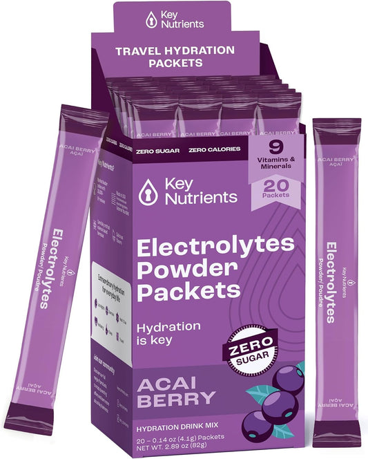 Delicious Acai Berry Electrolyte Powder Packets - 20 Pack Hydration Travel Pack - Sugar-Free, Calorie-Free, Gluten-Free - Made in USA