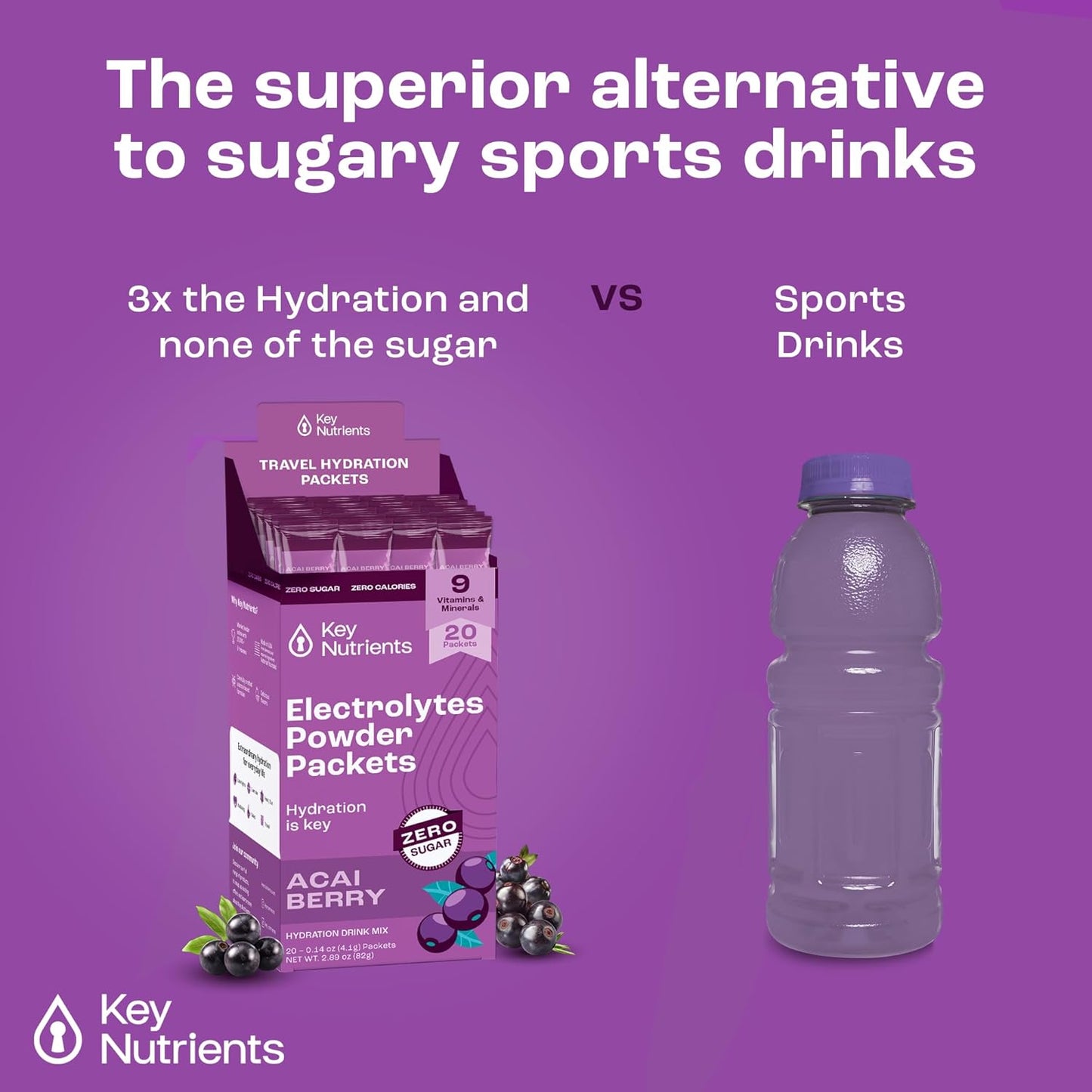 Delicious Acai Berry Electrolyte Powder Packets - 20 Pack Hydration Travel Pack - Sugar-Free, Calorie-Free, Gluten-Free - Made in USA