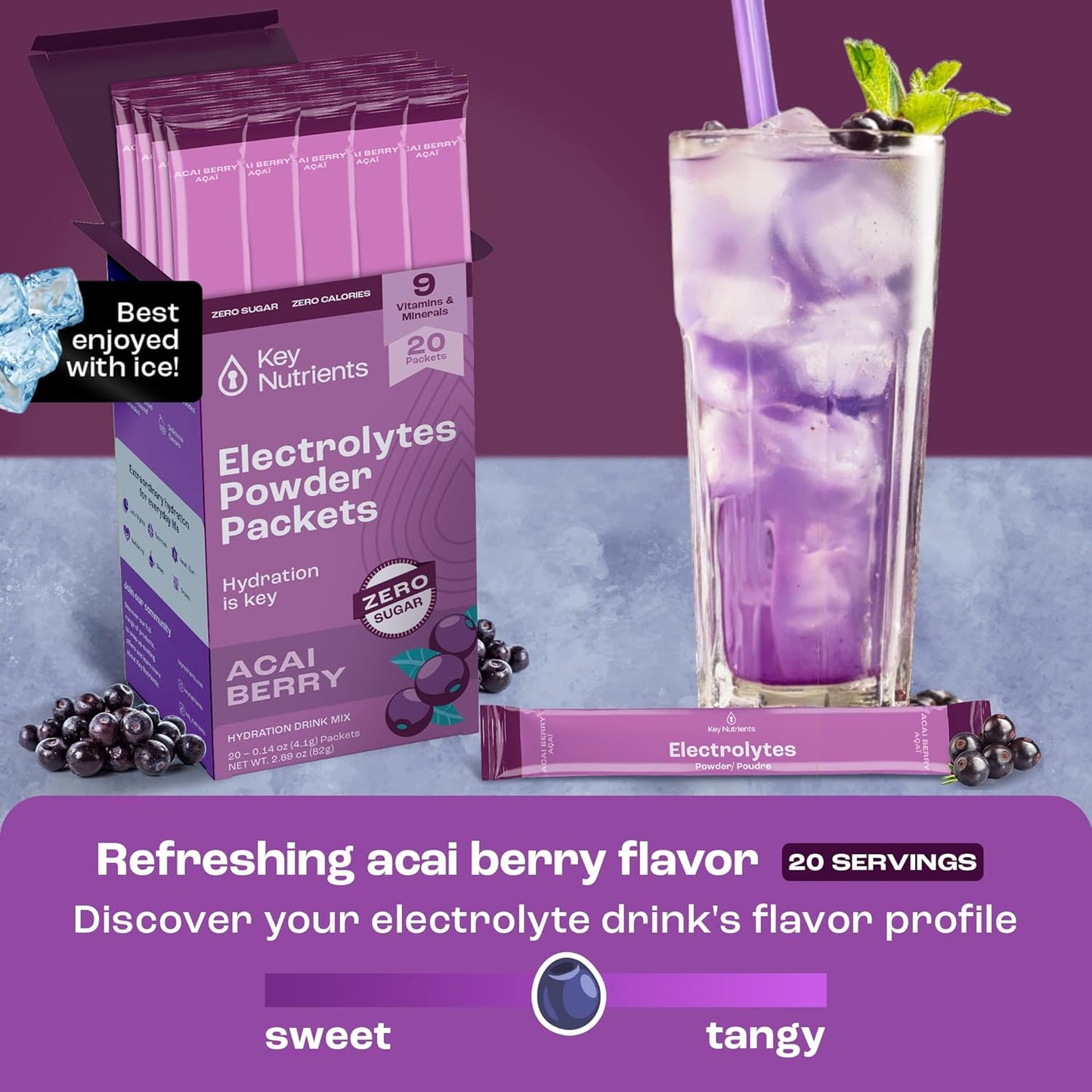 Delicious Acai Berry Electrolyte Powder Packets - 20 Pack Hydration Travel Pack - Sugar-Free, Calorie-Free, Gluten-Free - Made in USA