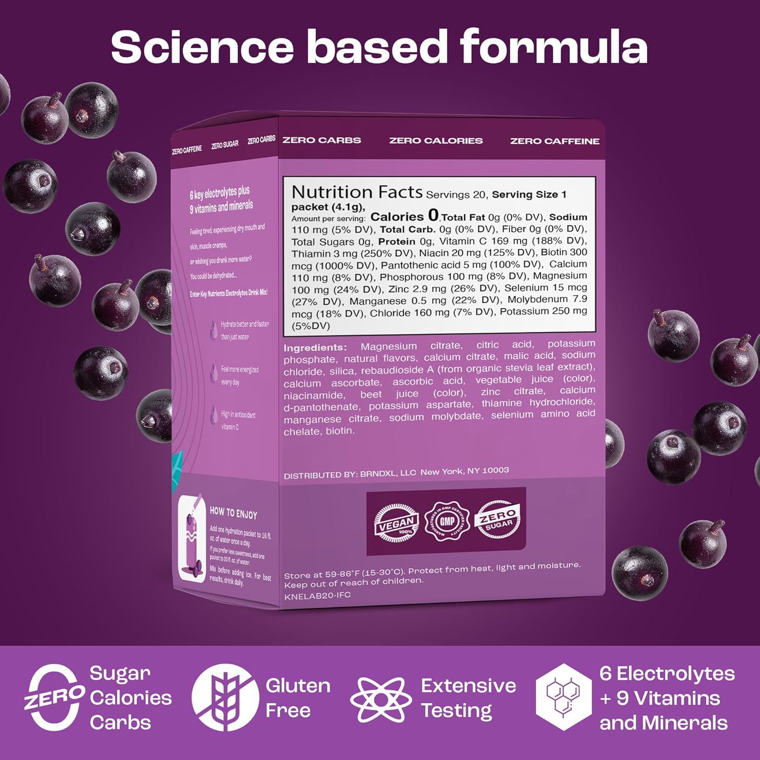 Delicious Acai Berry Electrolyte Powder Packets - 20 Pack Hydration Travel Pack - Sugar-Free, Calorie-Free, Gluten-Free - Made in USA