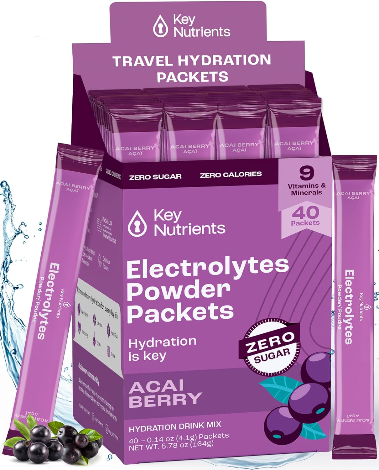 Delicious Acai Berry Multivitamin Electrolyte Powder Packets - 40 Pack Hydration - Sugar-Free, Gluten-Free - Made in USA