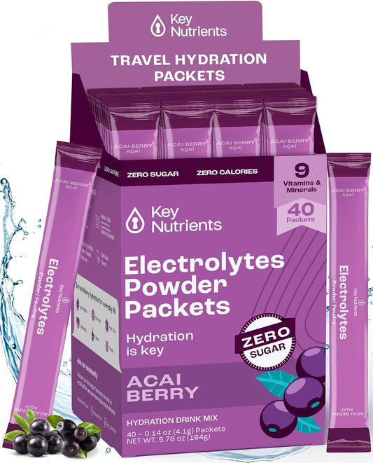 Delicious Acai Berry Multivitamin Electrolyte Powder Packets - 40 Pack Hydration - Sugar-Free, Gluten-Free - Made in USA