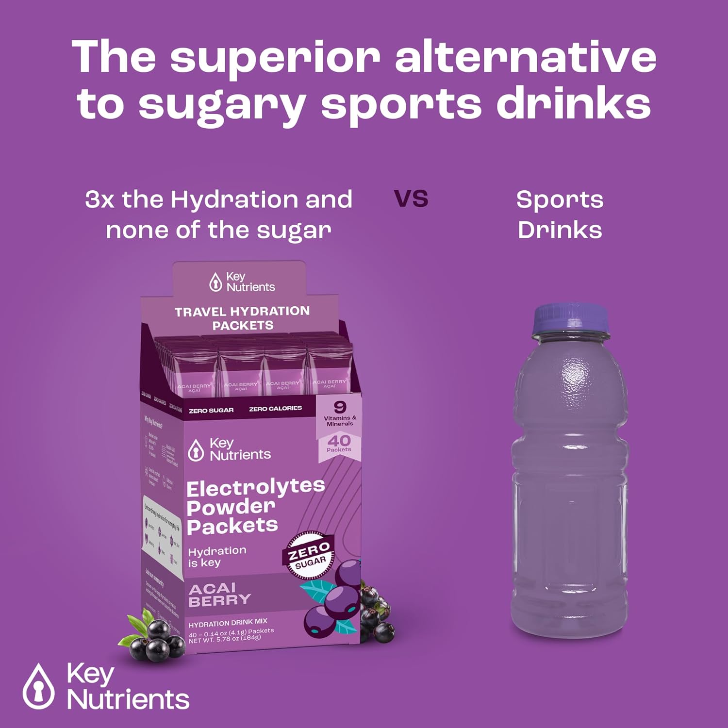 Delicious Acai Berry Multivitamin Electrolyte Powder Packets - 40 Pack Hydration - Sugar-Free, Gluten-Free - Made in USA