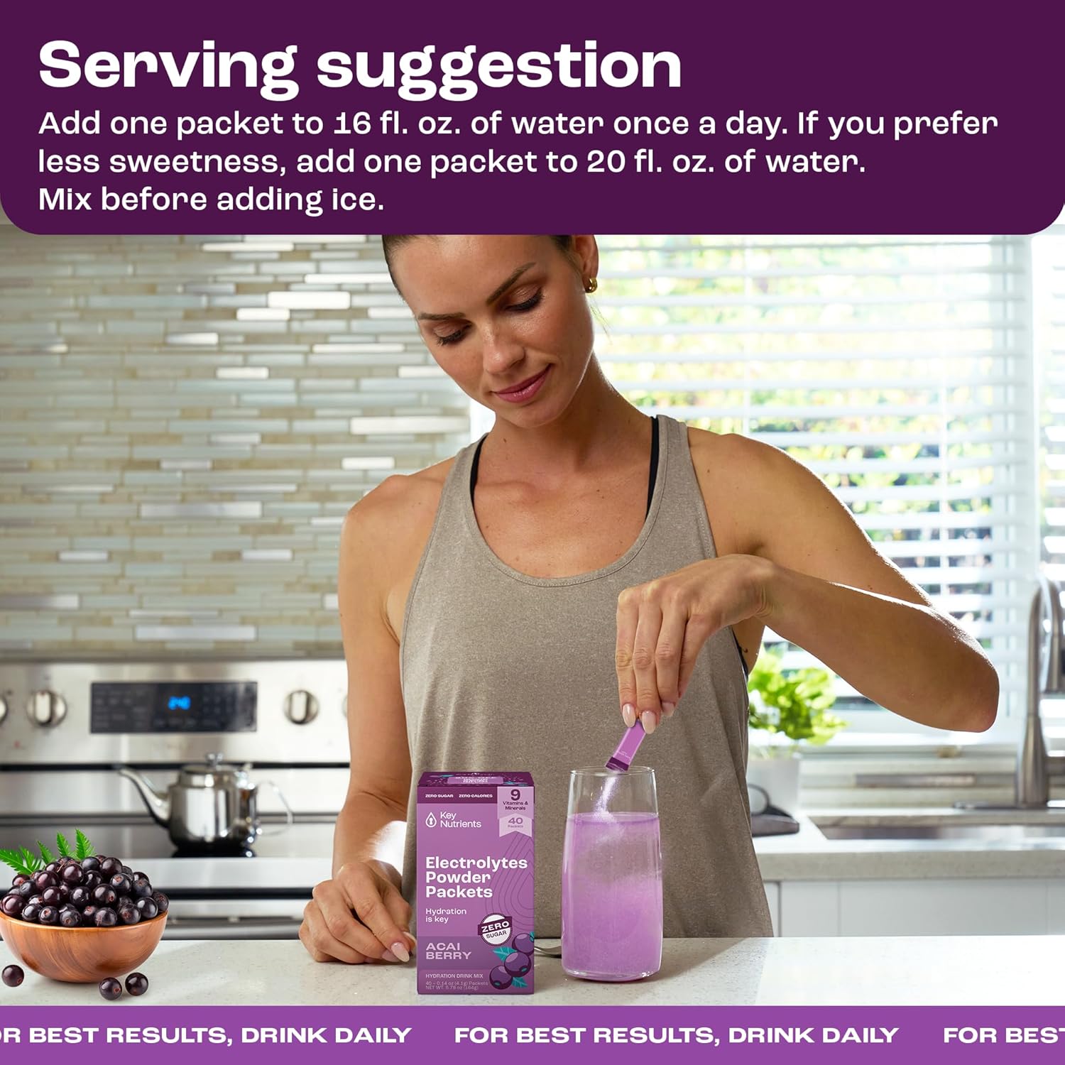 Delicious Acai Berry Multivitamin Electrolyte Powder Packets - 40 Pack Hydration - Sugar-Free, Gluten-Free - Made in USA