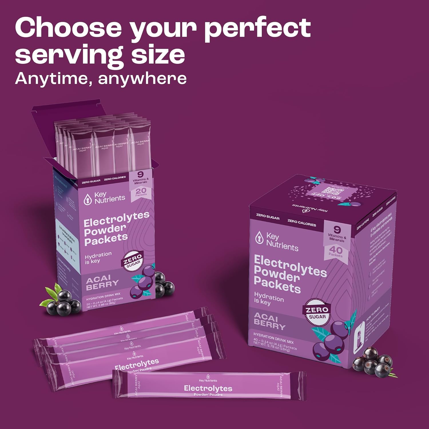 Delicious Acai Berry Multivitamin Electrolyte Powder Packets - 40 Pack Hydration - Sugar-Free, Gluten-Free - Made in USA