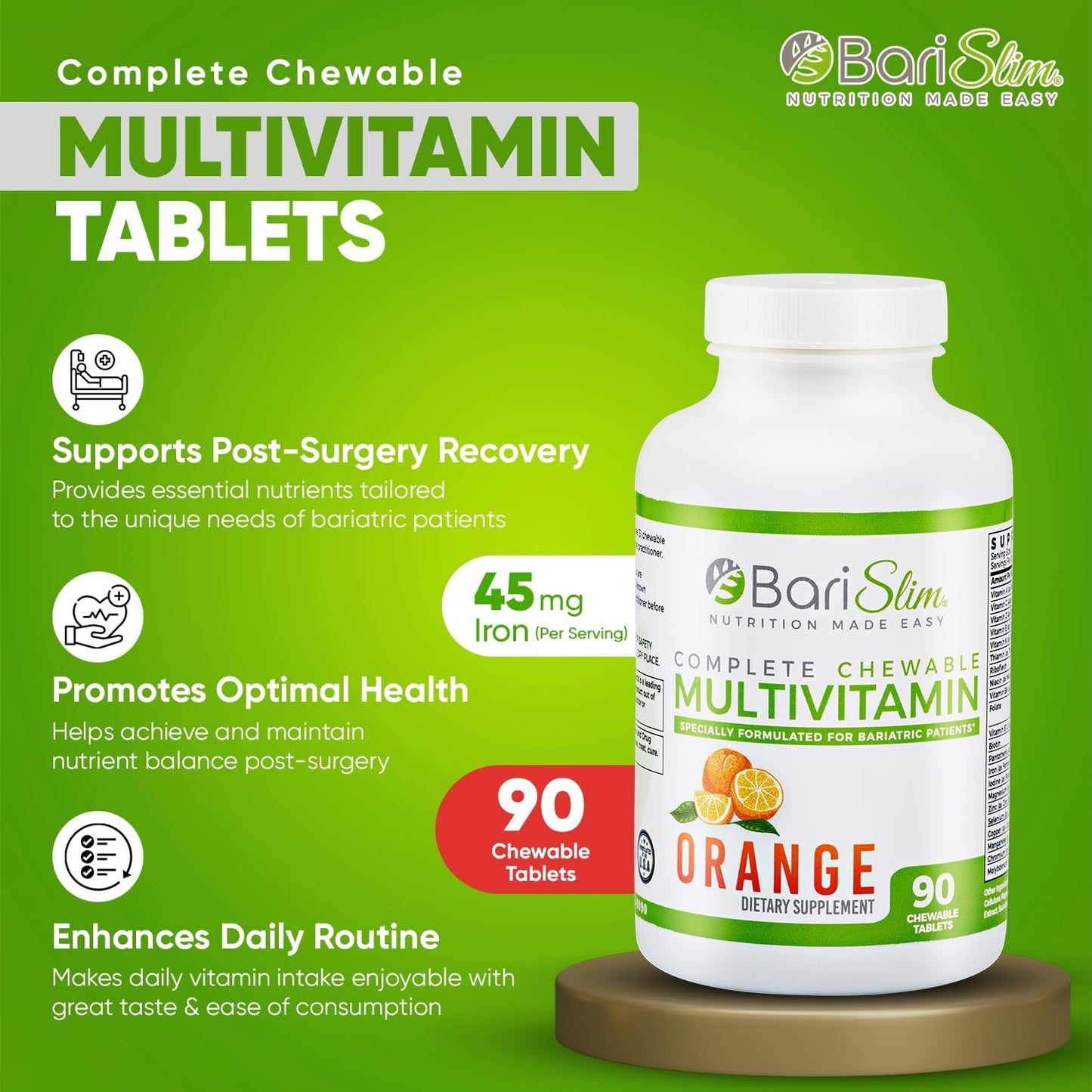 Delicious & Convenient BariSlim Complete Chewable Bariatric Multivitamin Tablets with 45mg Iron - Post Bariatric Surgery Supplement for Gastric Bypass & Sleeve - BoostGo Australia