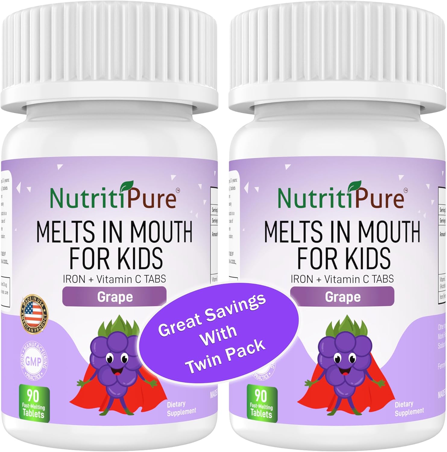 Delicious Grape Flavored NutritiPure Chewable Iron Supplements for Kids with Vitamin C - 90 Count (2 Bottles)