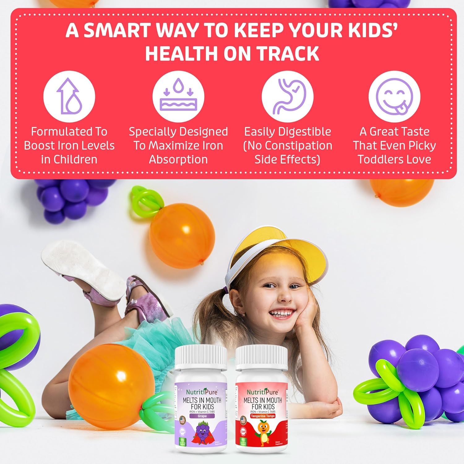 Delicious Grape Flavored NutritiPure Chewable Iron Supplements for Kids with Vitamin C - 90 Count (2 Bottles)