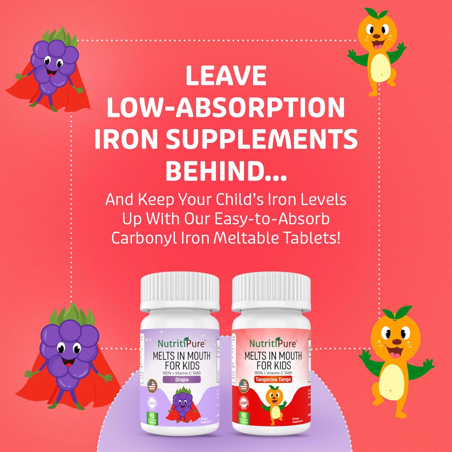 Delicious Grape Flavored NutritiPure Chewable Iron Supplements for Kids with Vitamin C - 90 Count (2 Bottles)
