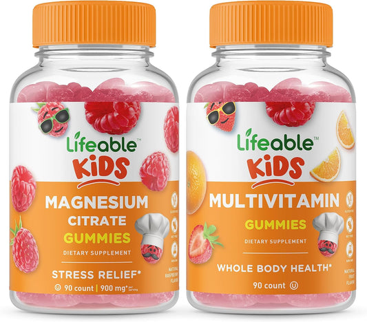 Delicious Magnesium and Multivitamin Gummies Bundle for Kids - Gluten-Free, Non-GMO Chewables with Great Taste