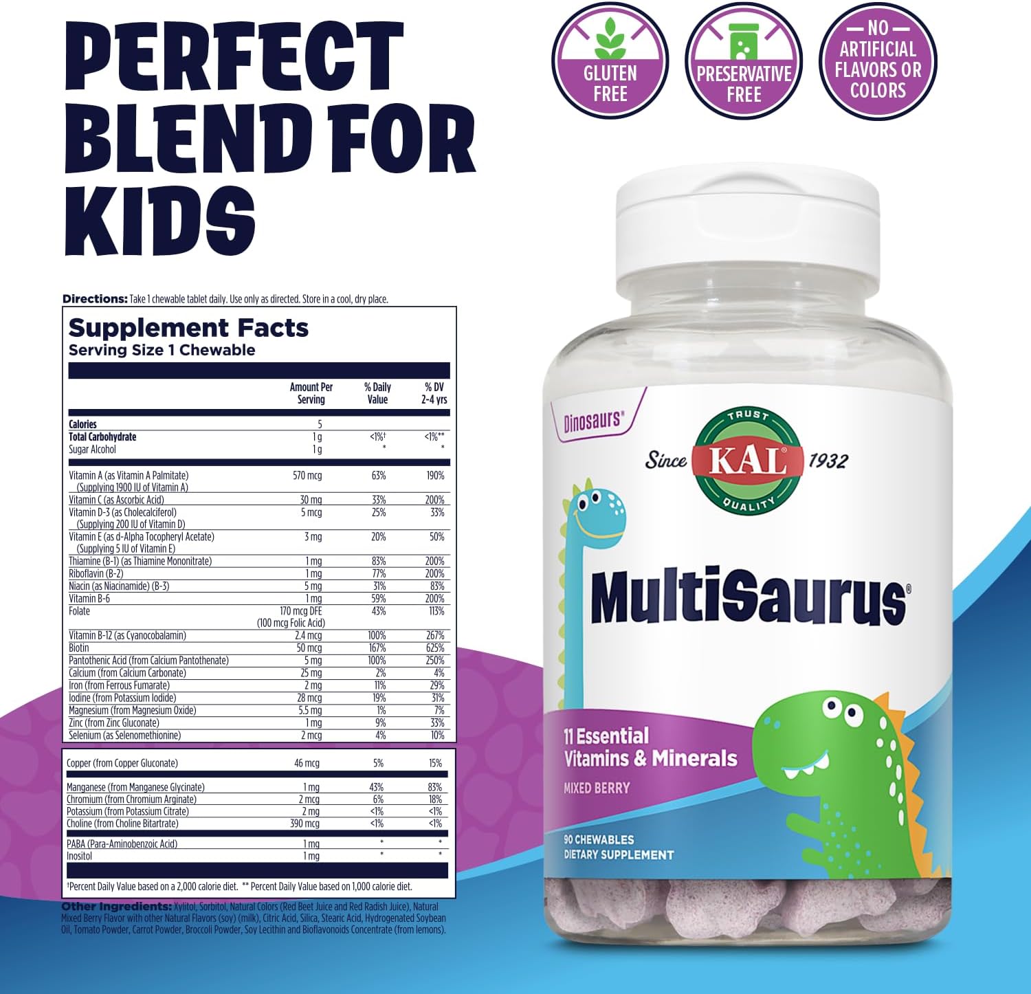 Delicious Mixed Berry Flavored Dinosaur-Shaped Kids Chewable Multivitamins, Gluten and Preservative Free, 90 Servings
