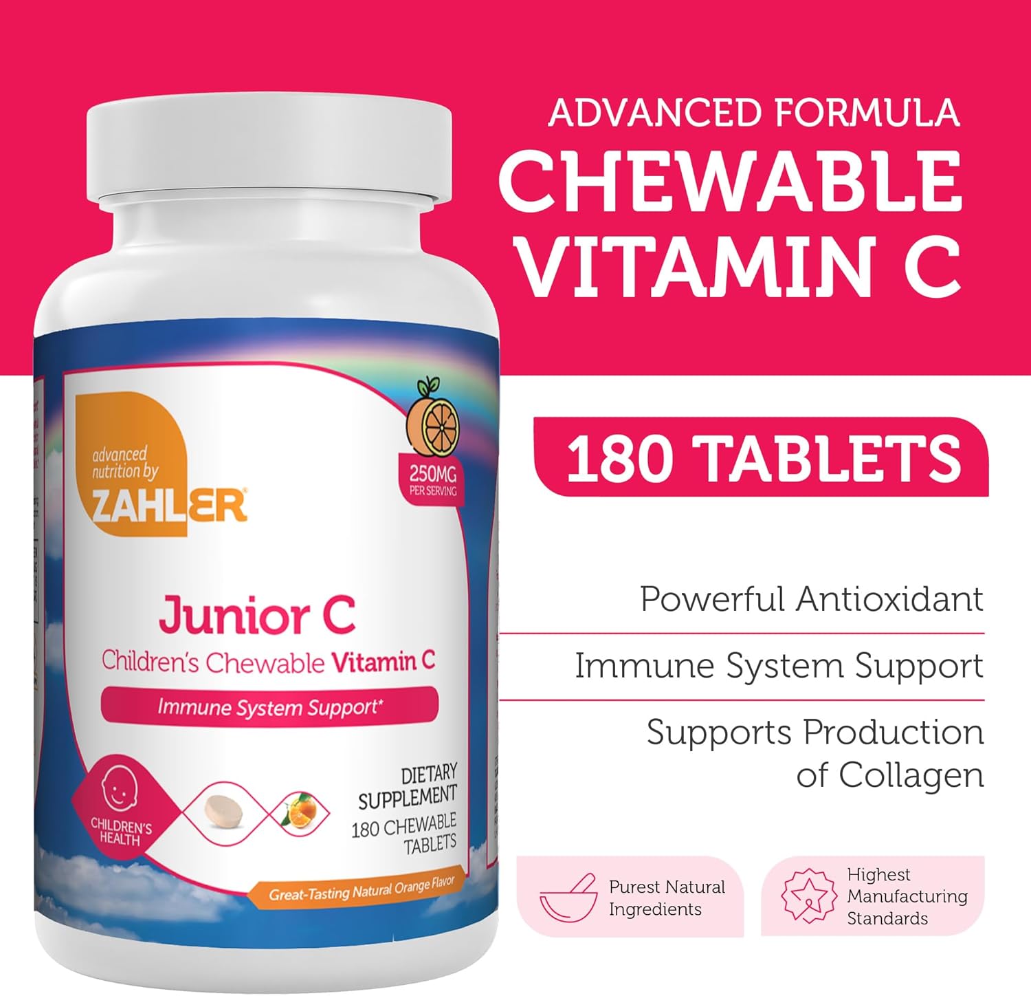 Delicious Orange Flavored Chewable Vitamin C for Kids - Immune Support and Antioxidant - Kosher and Easy to Take - 180 Count