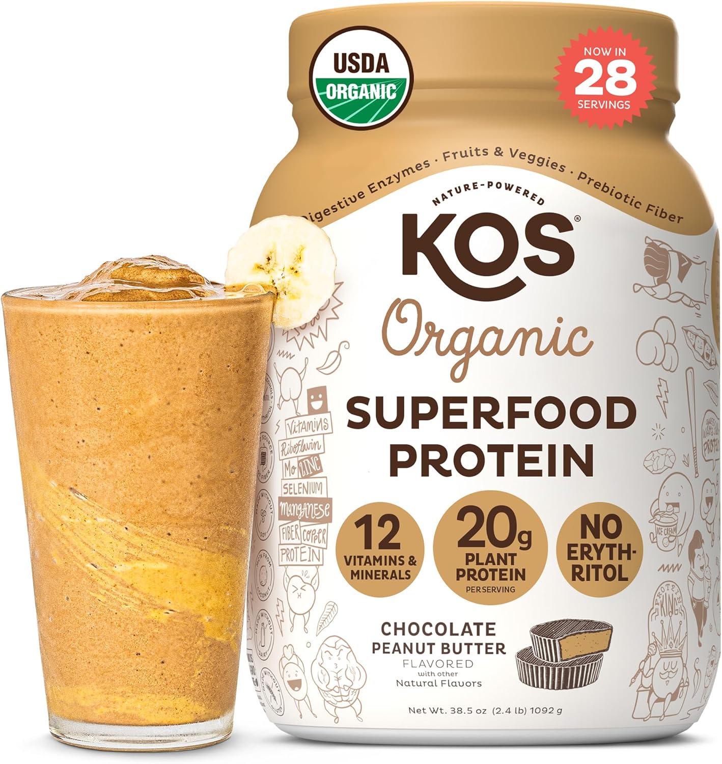 Delicious Vegan Chocolate Peanut Butter Protein Powder - KOS Organic Plant Based Meal Replacement - Keto, Gluten, Dairy, Soy Free - 2.4 lbs, 28 Servings